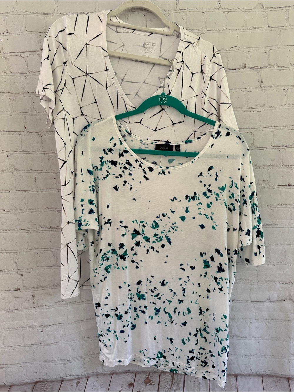 Apt. 9 Bundle with White Tees-Black & Teal Splatter and black geometric pattern